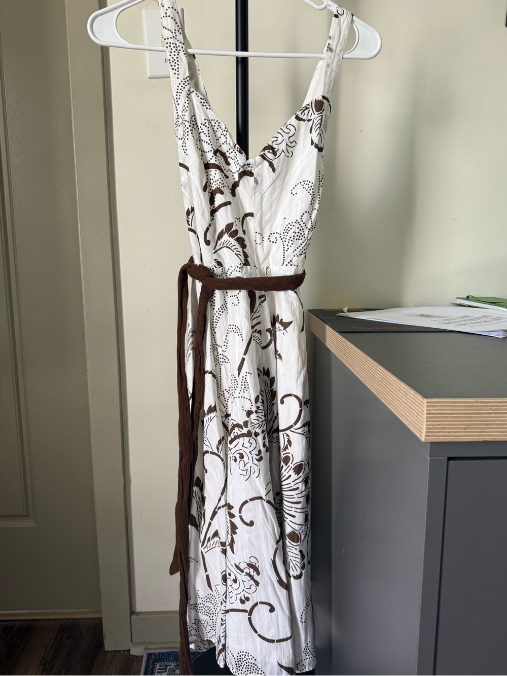 Women's White & Brown Floral Wrap Dress
